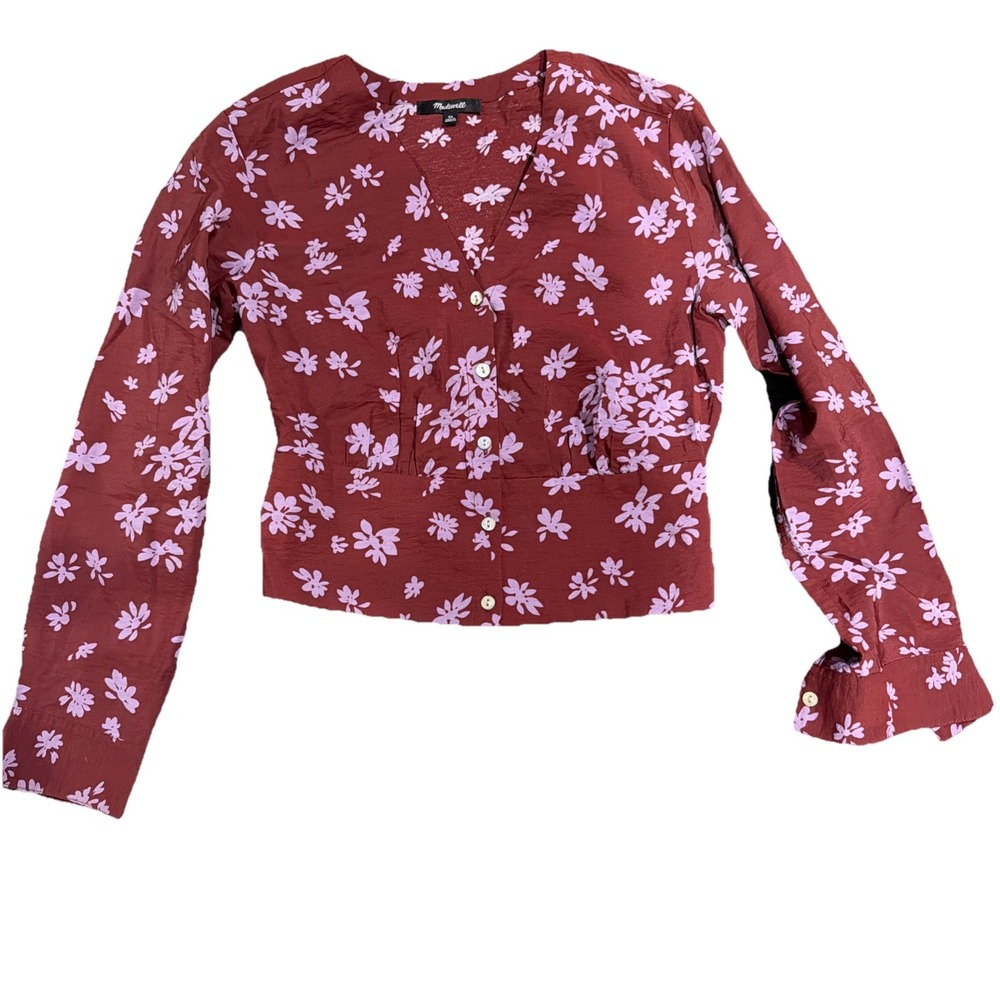 Madewell V-Neck Button Front Crop Top Cabernet Floral Button Sz XS NWOT